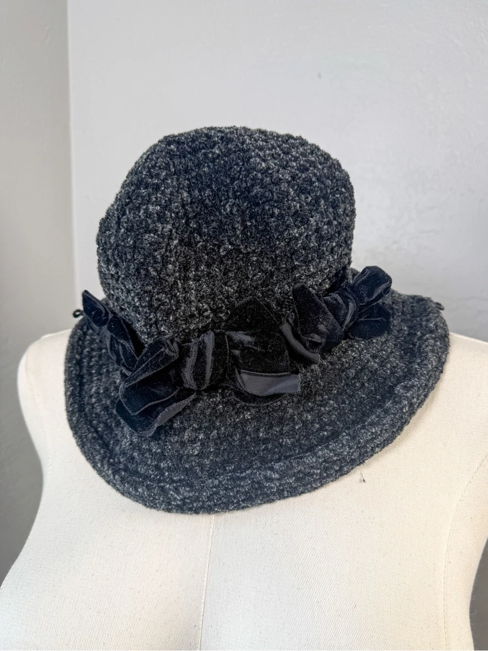 Vintage Holt Renfrew Black Bouclé Cloche Hat Velvet Ribbon Accent